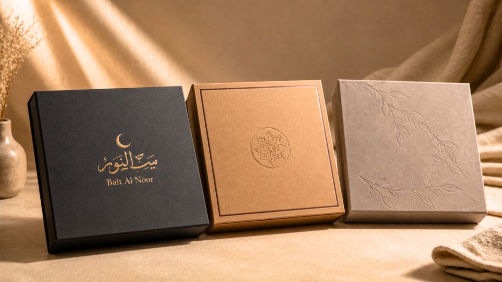 Abaya boxes in rigid, kraft, and velvet lamination materials