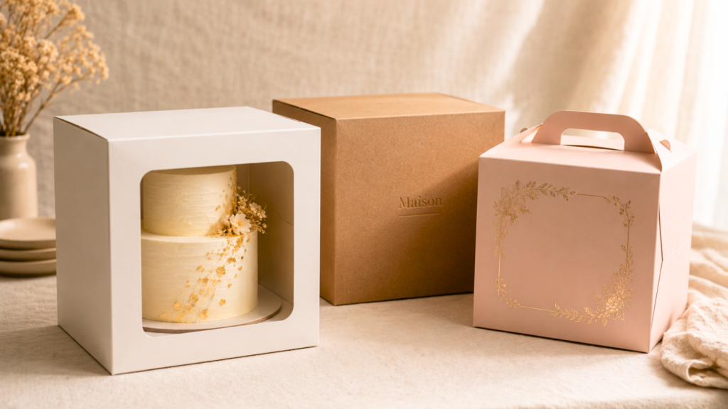 Bakery cake boxes in different finishes and window styles