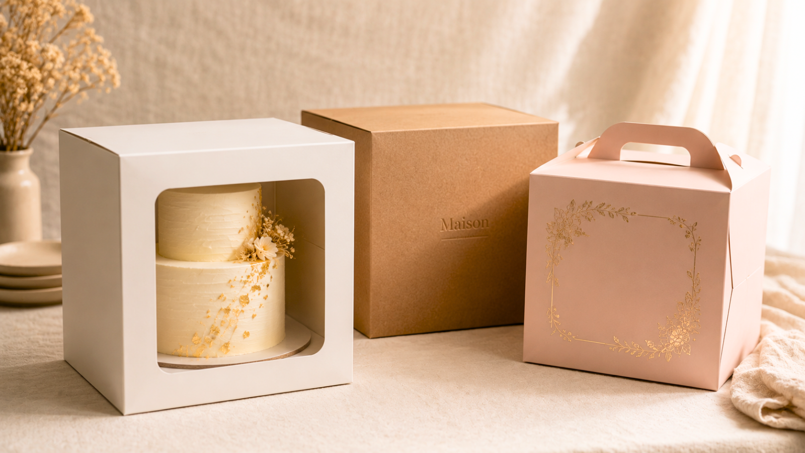 Bakery cake boxes in different finishes and window styles