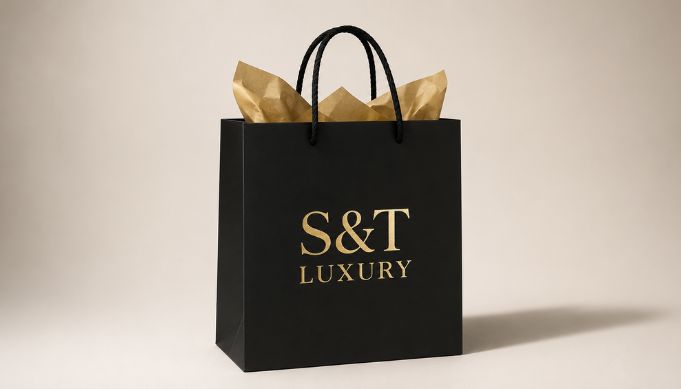 Black special paper paper bag with gold foiling and tissue paper