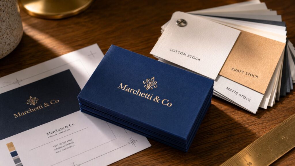 Business card printing essentials with paper swatches and proof