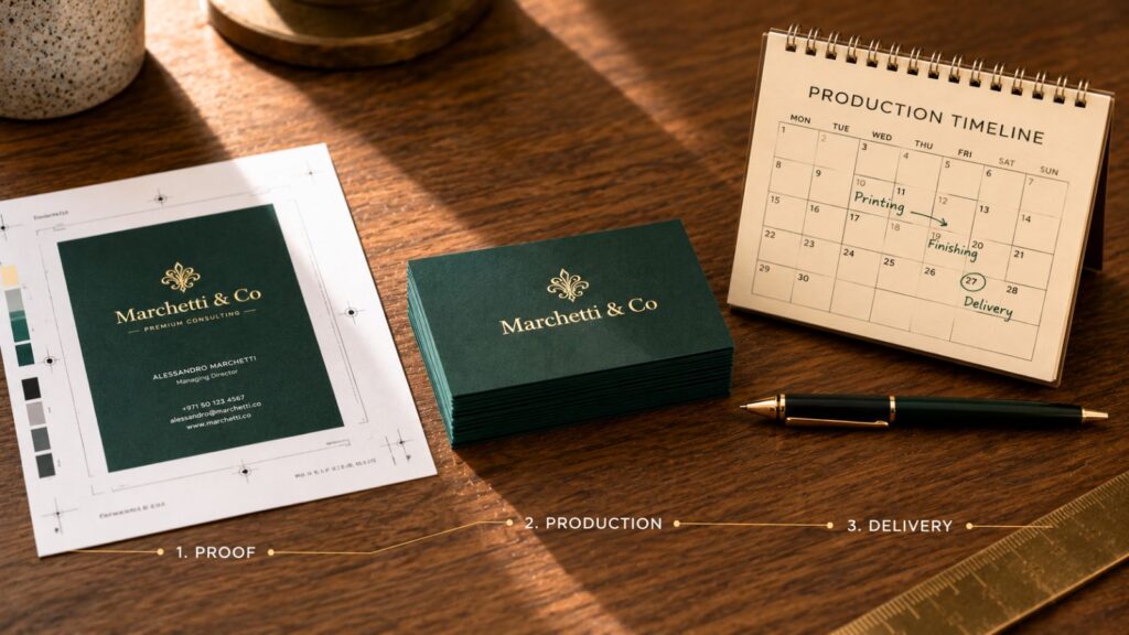 Business card proof, finished cards, and calendar on a desk