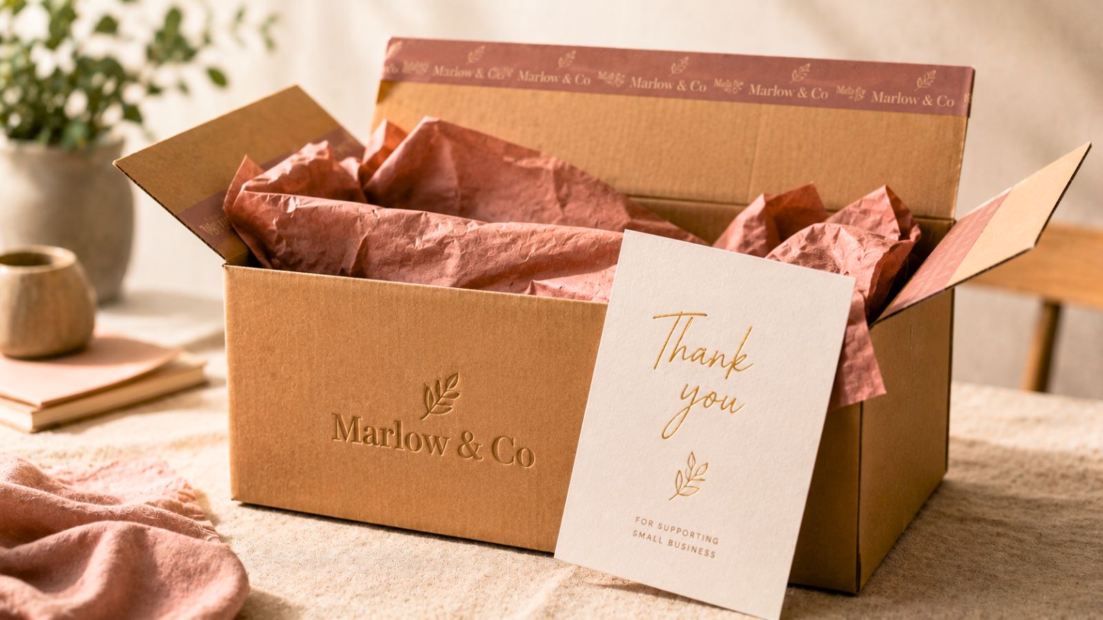E-commerce shipping box with branded tape, tissue, and card