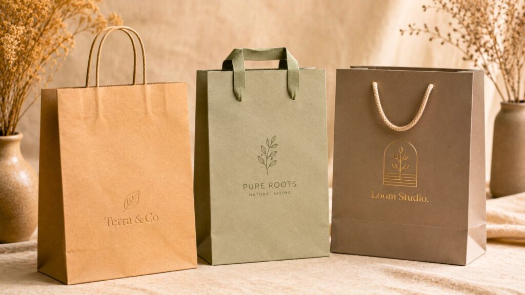 Eco-friendly paper bags with kraft, recycled, and cord handles