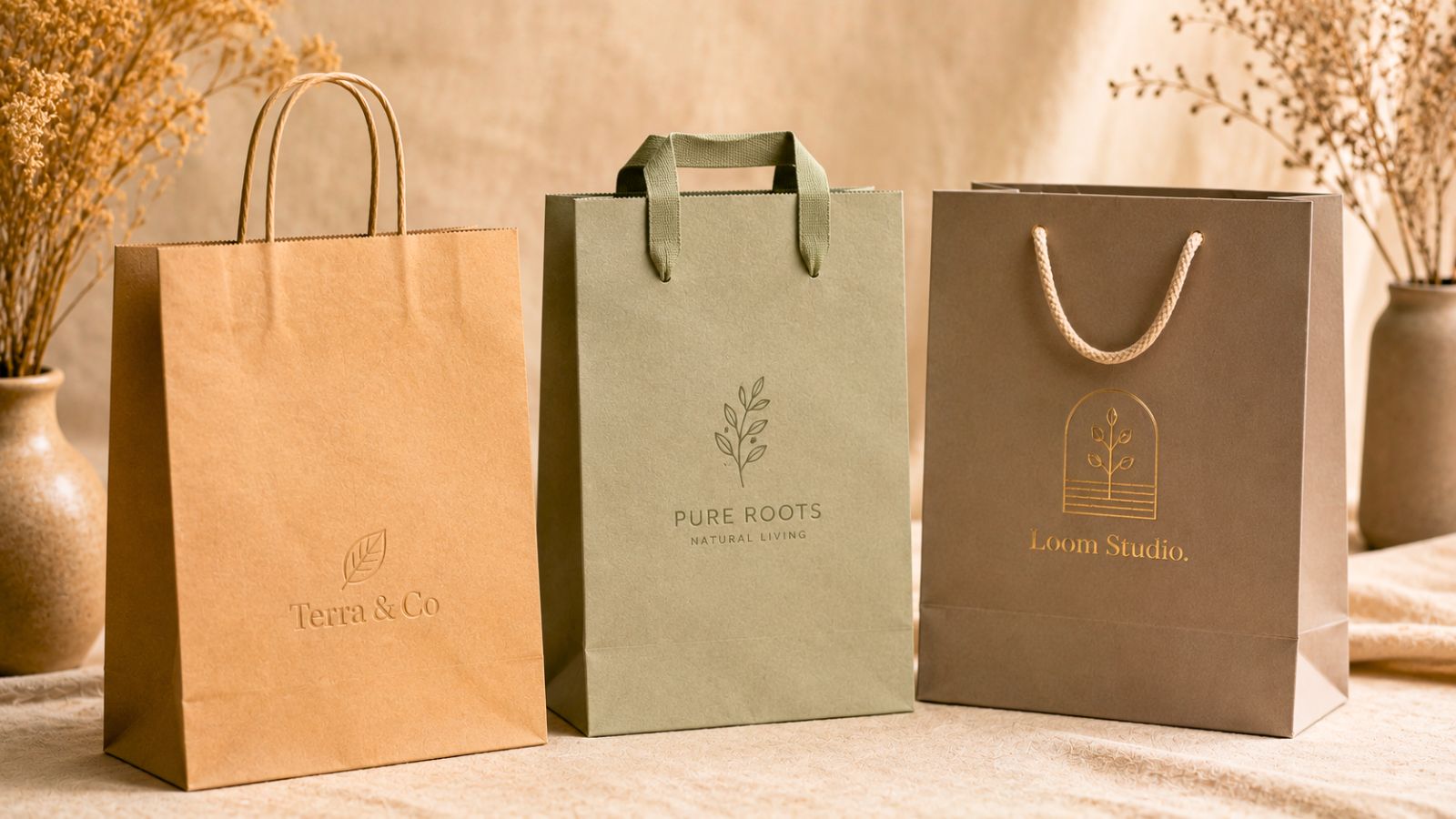 Eco-friendly paper bags with kraft, recycled, and cord handles