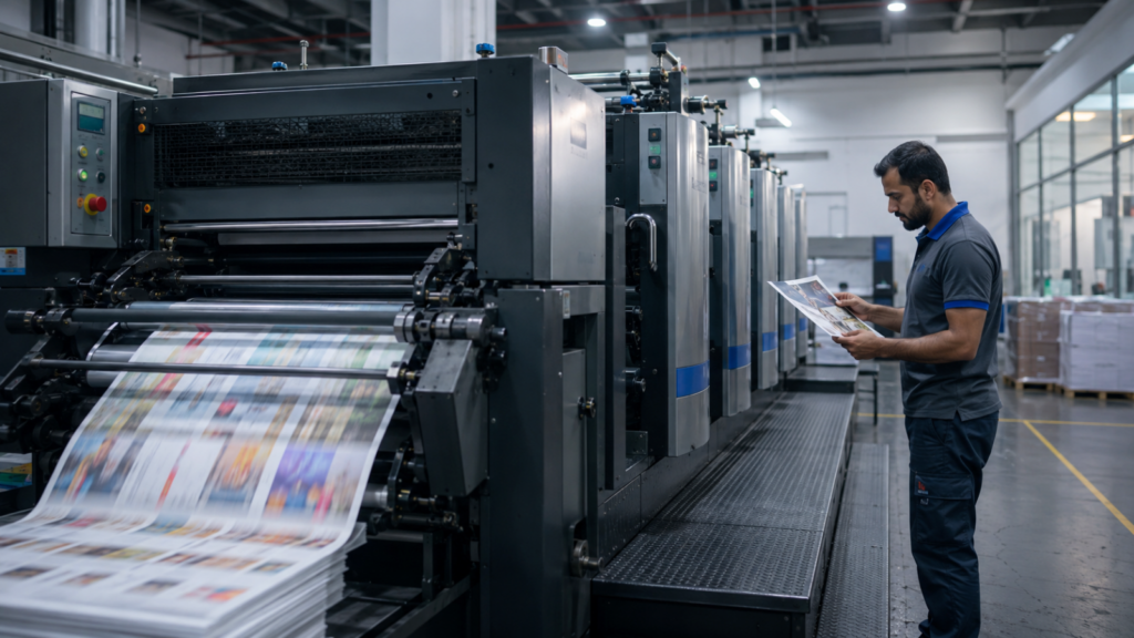 Offset printing press running inside a Dubai print shop