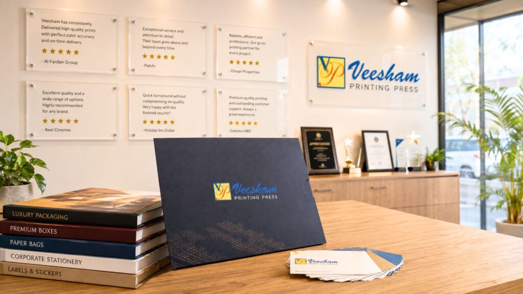 Print shop reception with sample materials and testimonials