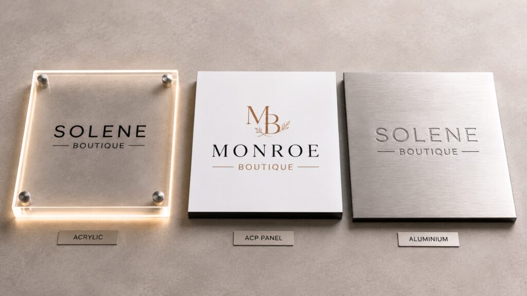 Acrylic, ACP, and aluminium signage samples compared