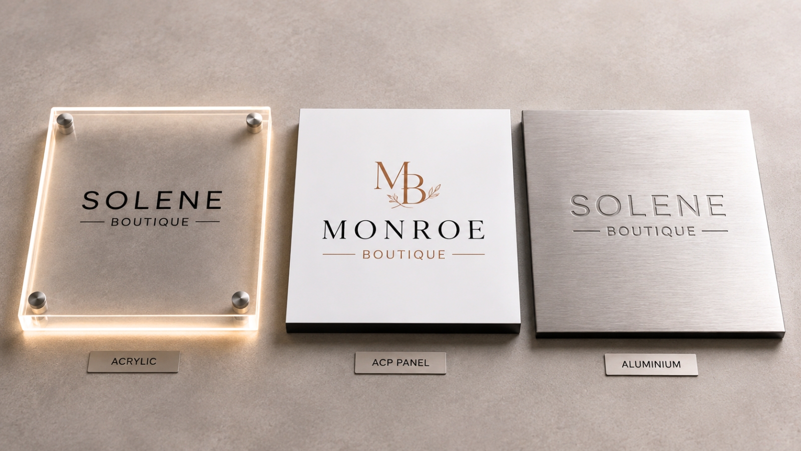 Acrylic, ACP, and aluminium signage samples compared