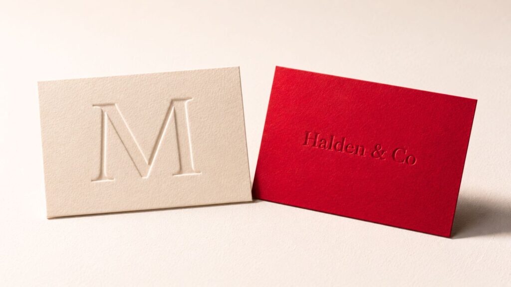 Embossed and debossed business cards compared side by side