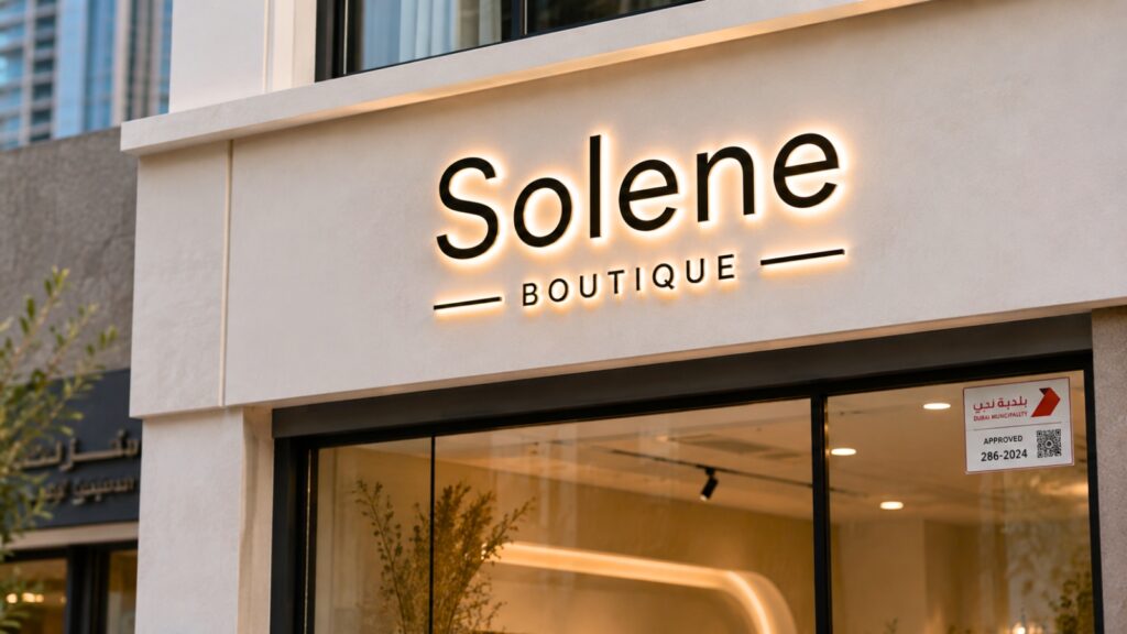 Illuminated storefront signage for a boutique