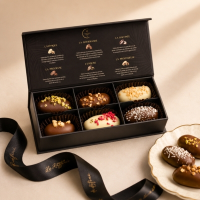 black premium dates box with partition and printed ribbons