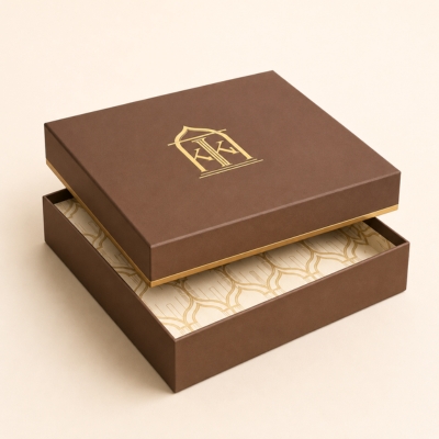 brown top and bottom box with logo gold foiling