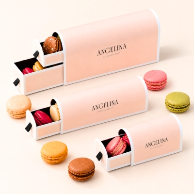 curved slider box for macaroons with ribbon pullout