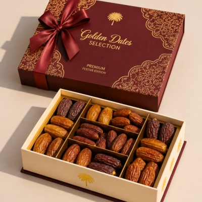 premium dates gift box with gold foiling and red satin ribbon