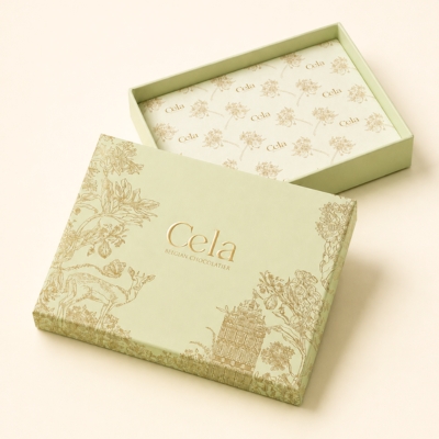 sage green top and bottom box with embossing and gold foiling