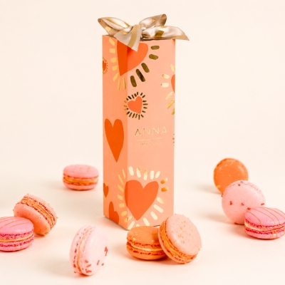 special paper macaroon boxes with gold foiling and ribbon