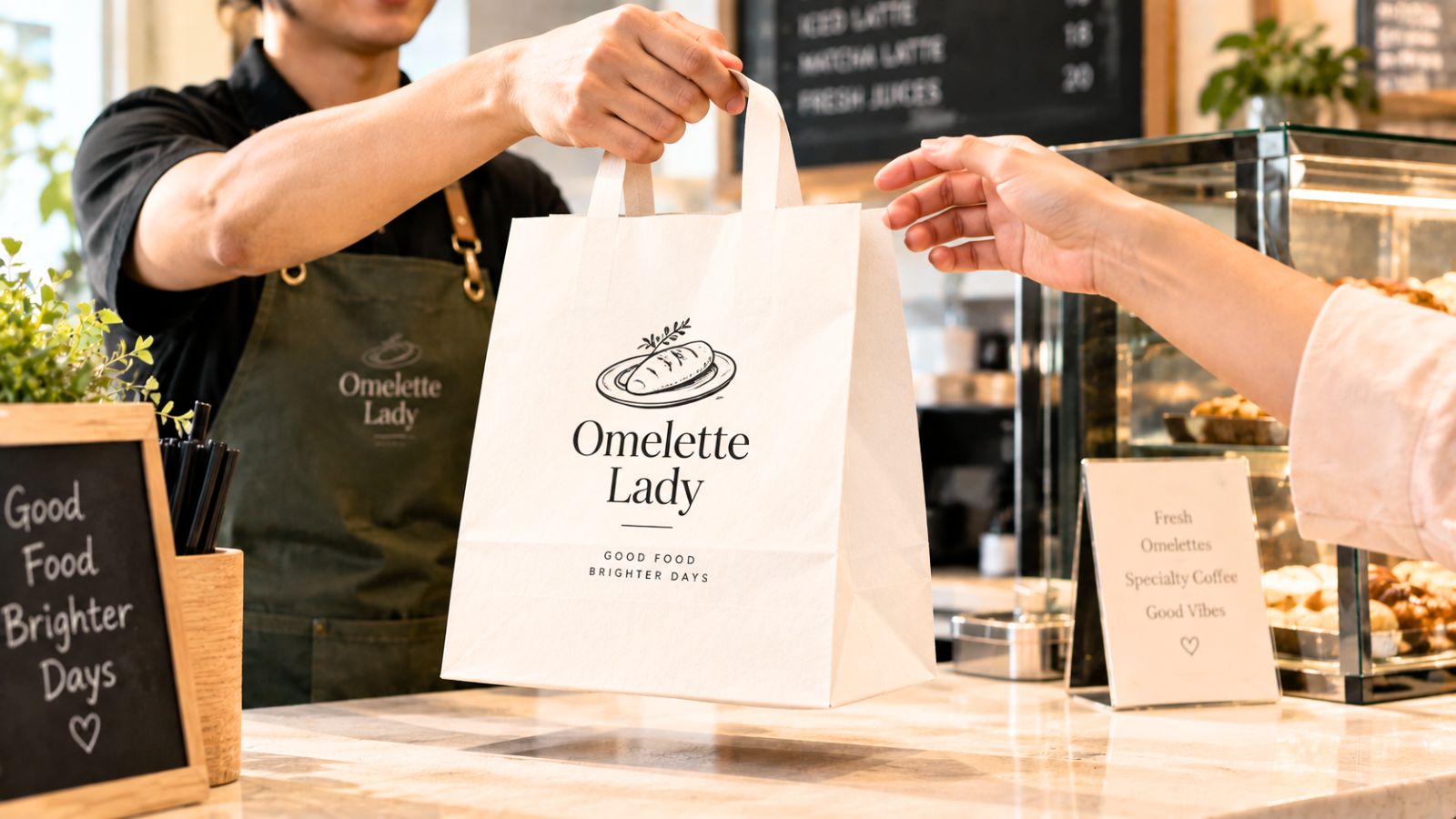 Barista handing a branded white kraft takeaway bag across a counter