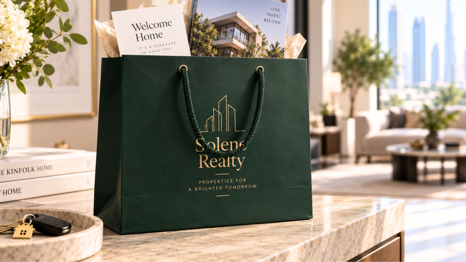 Branded real estate gift bag with keys on an entryway table