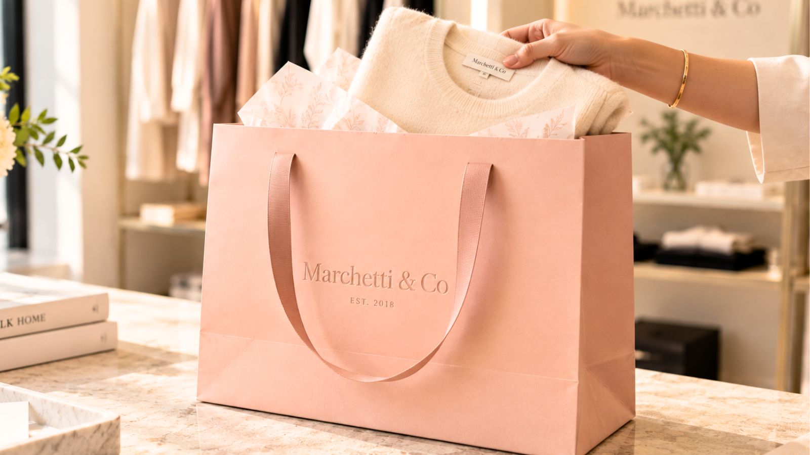 Folded garment placed into a boutique paper bag with ribbon handle