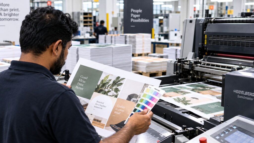 Technician checking a freshly printed sheet on an offset press