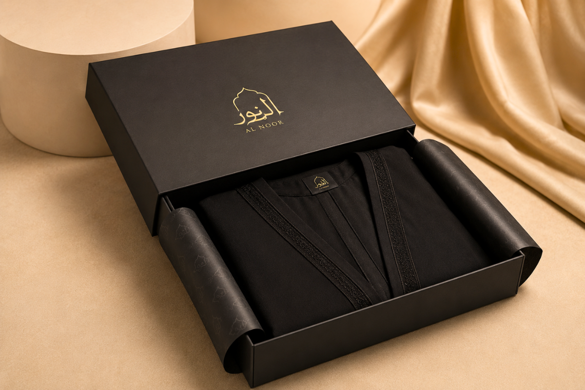 Black rigid abaya box with gold foil logo and folded garment inside