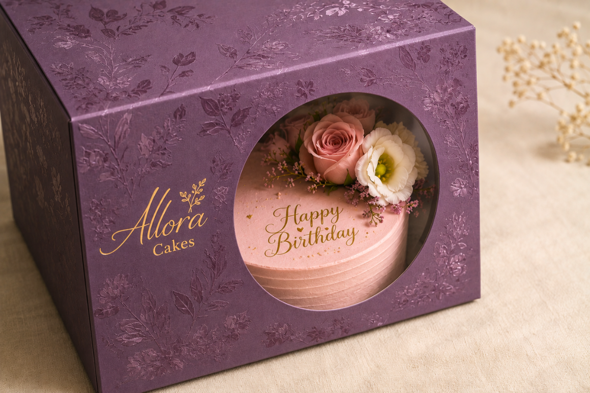 Cake box with die-cut window showing pink frosted cake