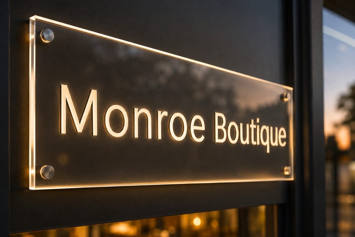 Clear acrylic storefront sign glowing at dusk