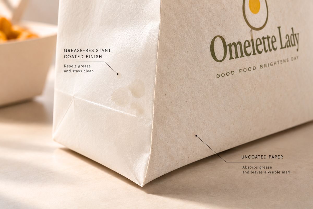 Close-up comparing grease-resistant and uncoated kraft paper