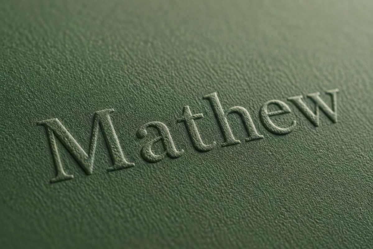 Close-up of a embossed wordmark raised from green card stock