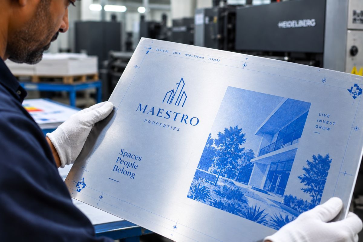 Close-up of a metal offset printing plate being inspected