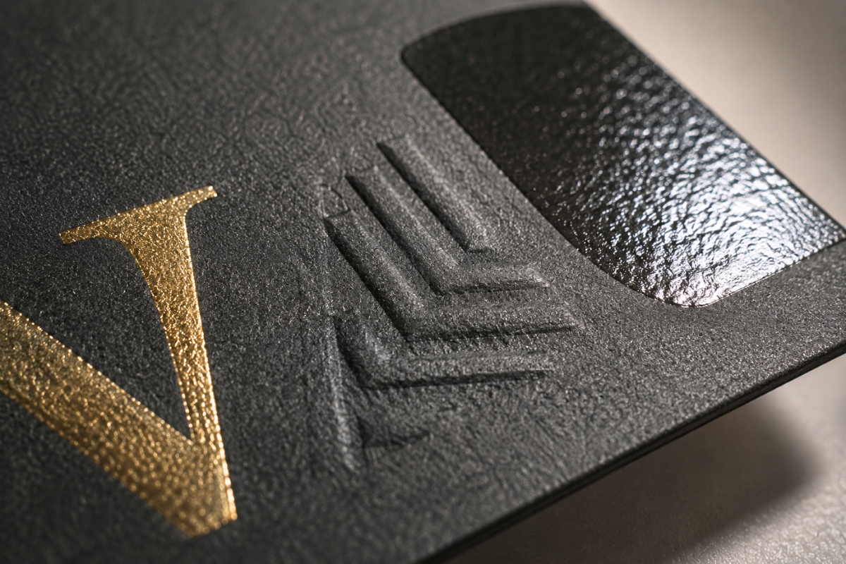 Close-up of foil, emboss, and UV finishes on a business card