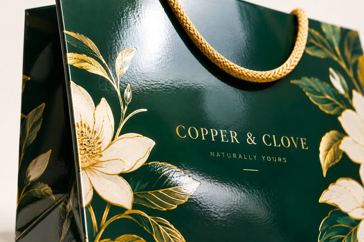 Close-up of glossy laminated paper bag with full-color print