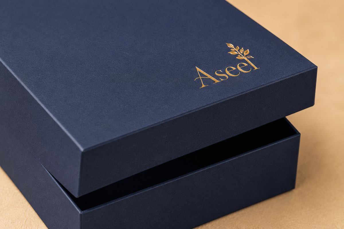 Close-up of navy blue rigid abaya box showing board thickness
