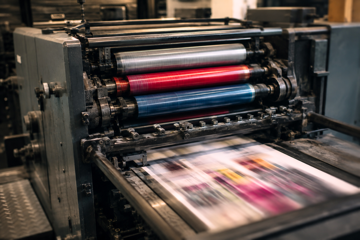 Close-up of offset printing press rollers mid-run