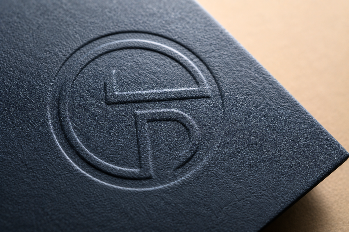 Debossed logo detail on matte perfume box packaging