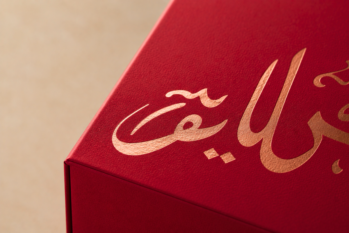 Deep red abaya box with gold Arabic calligraphy foiling on the lid