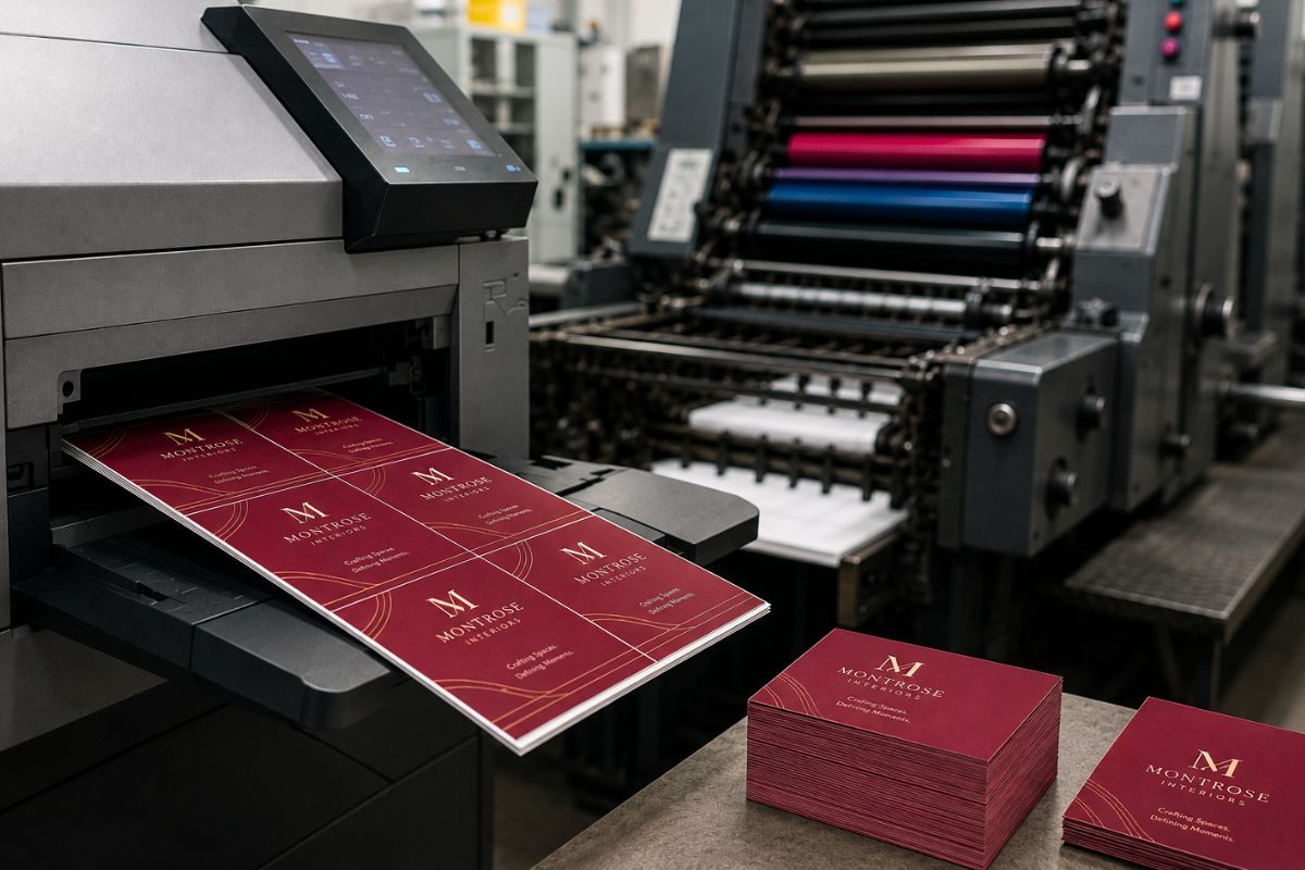 Digital and offset printing presses running side by side for business cards