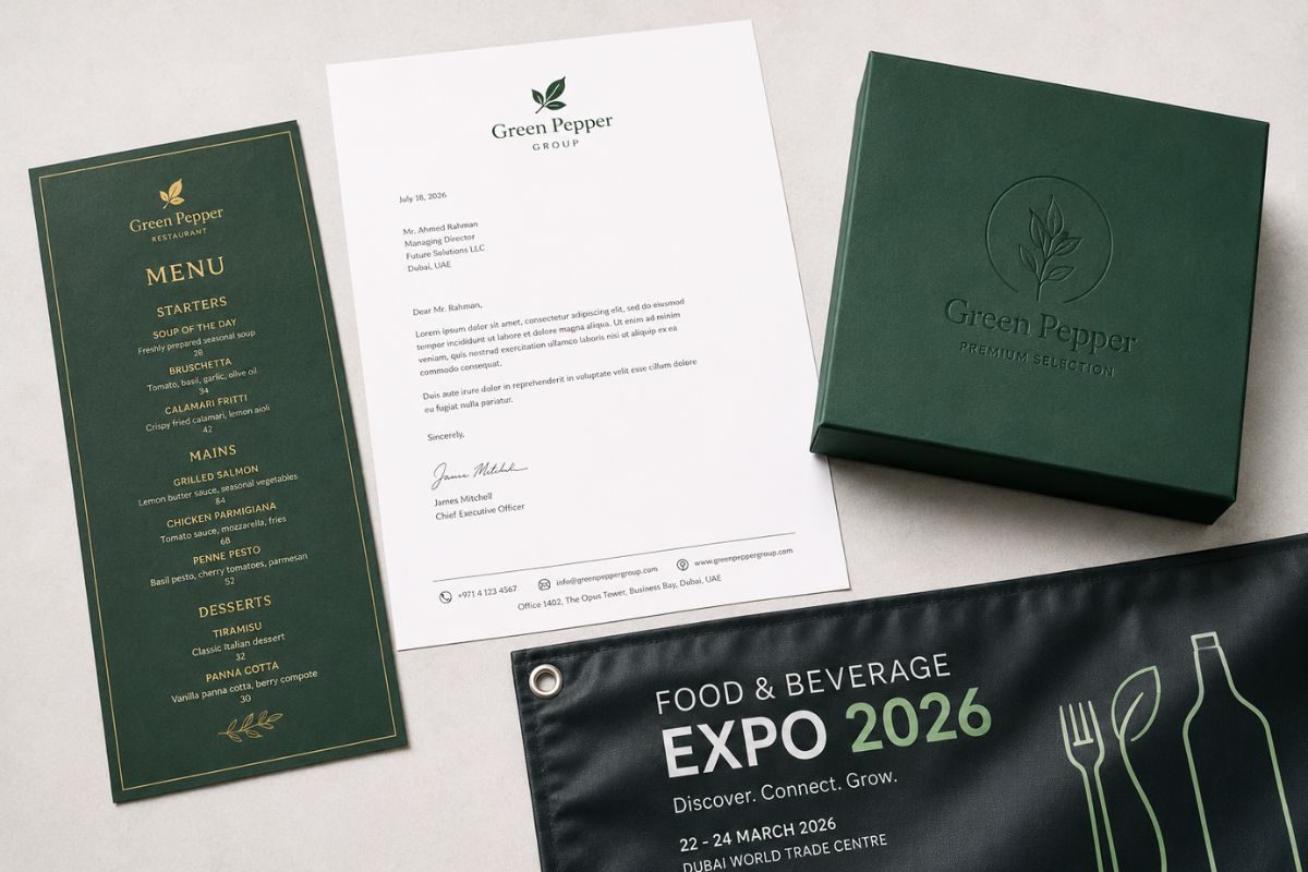 Flat lay of varied printed items like menu, boxes, letterheads and banner