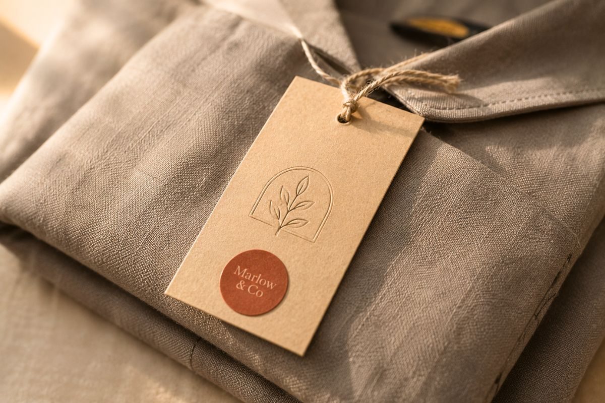 Folded garment with branded product tag and wax seal sticker
