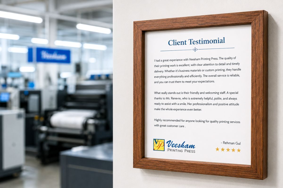 Framed client testimonial card on a print shop office wall
