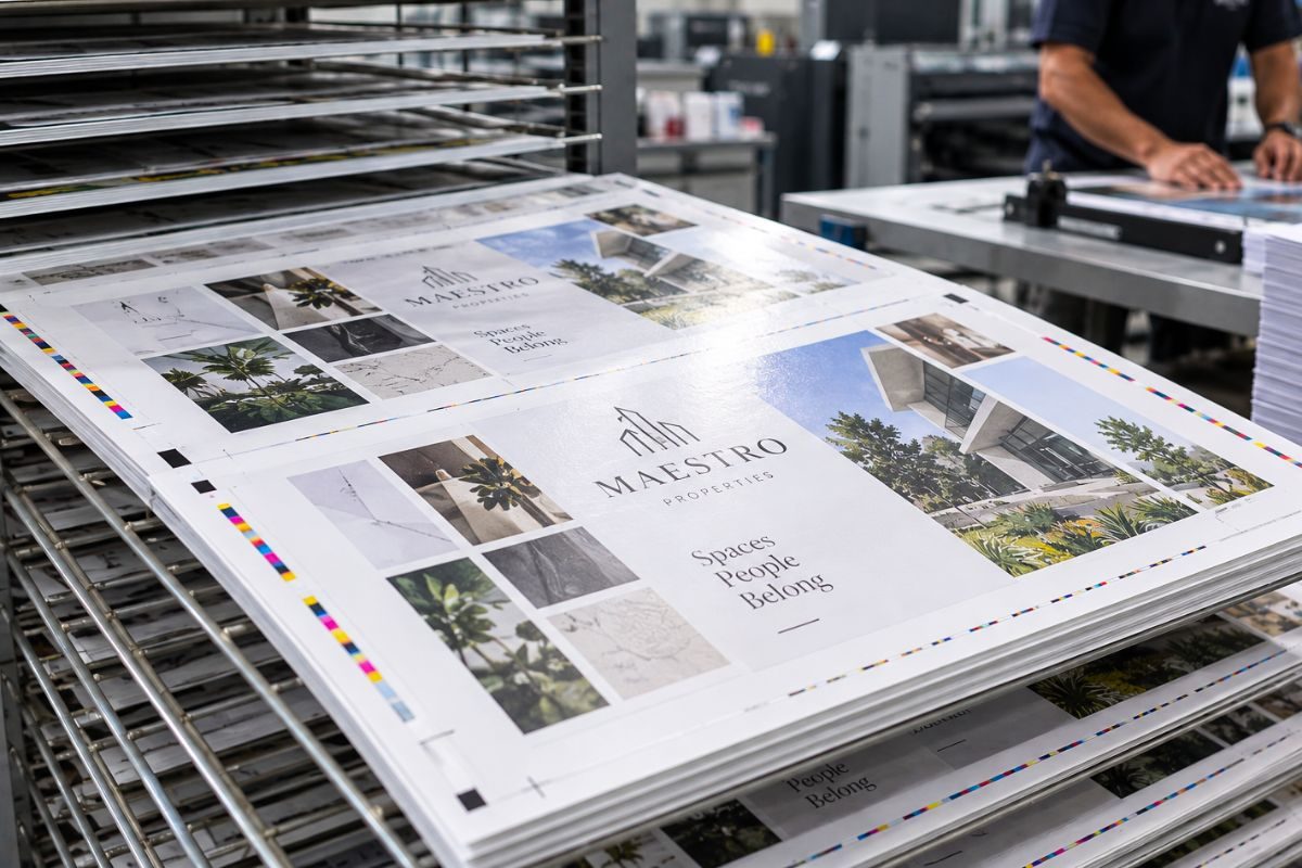Freshly offset printed sheets drying on a rack in a print shop