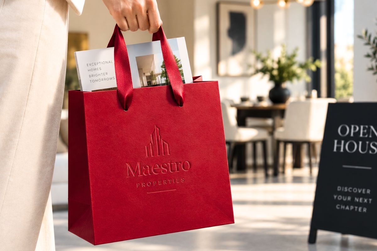 Hand holding a premium red paper for a real estate company with blind debossing