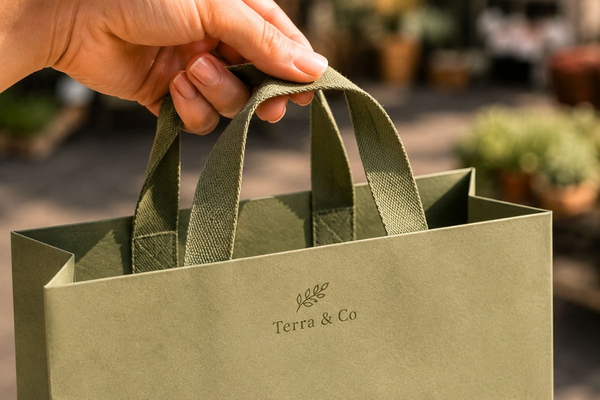 Hand holding a sage-green paper bag by its flat handle