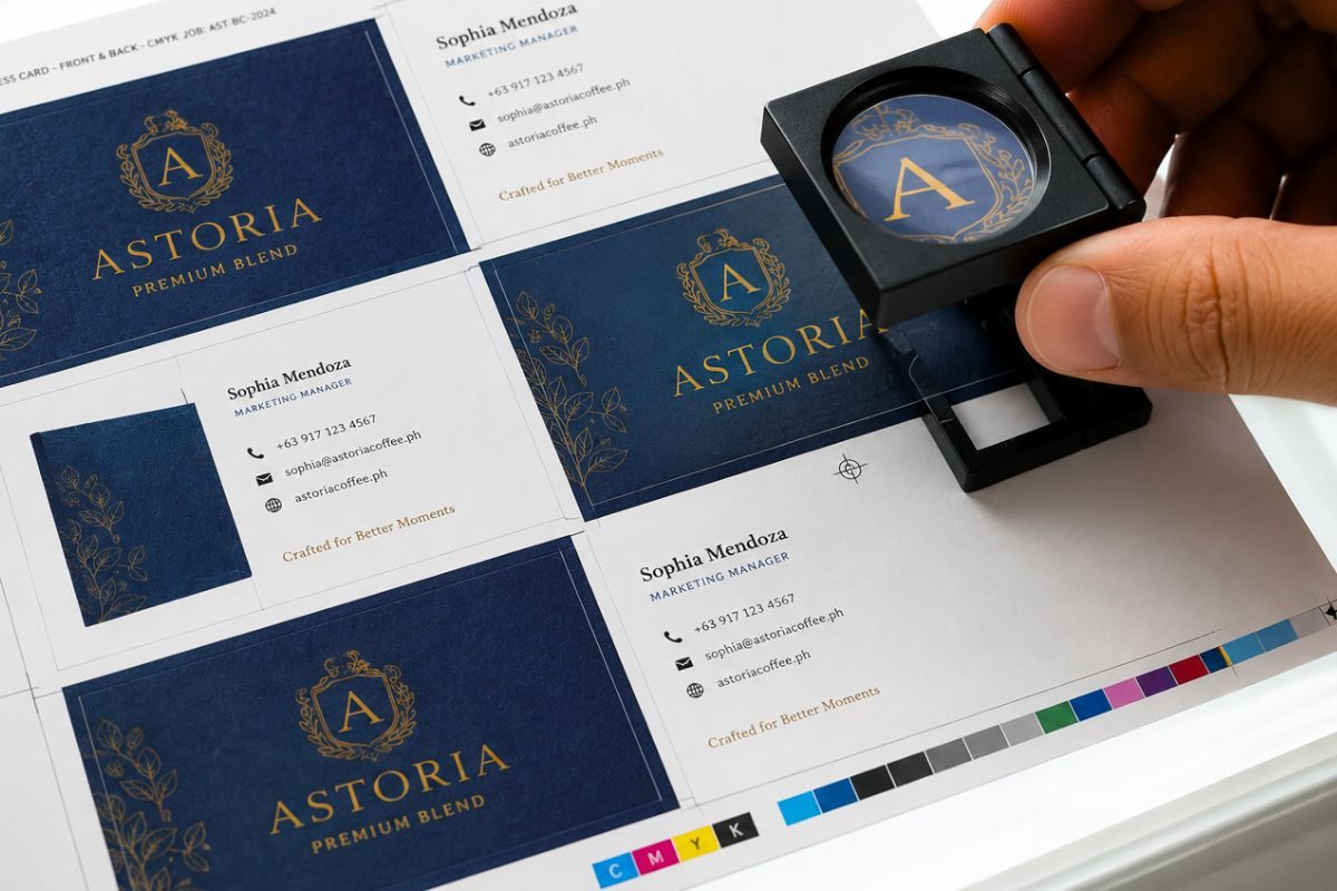 Hand inspecting a printed proof sheet with a loupe