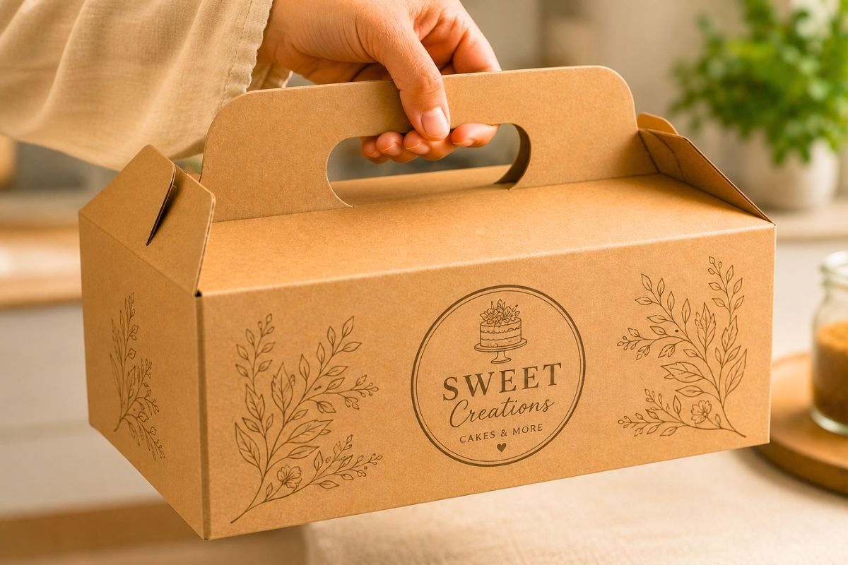 Hand lifting a kraft cake box by its built-in carry handle