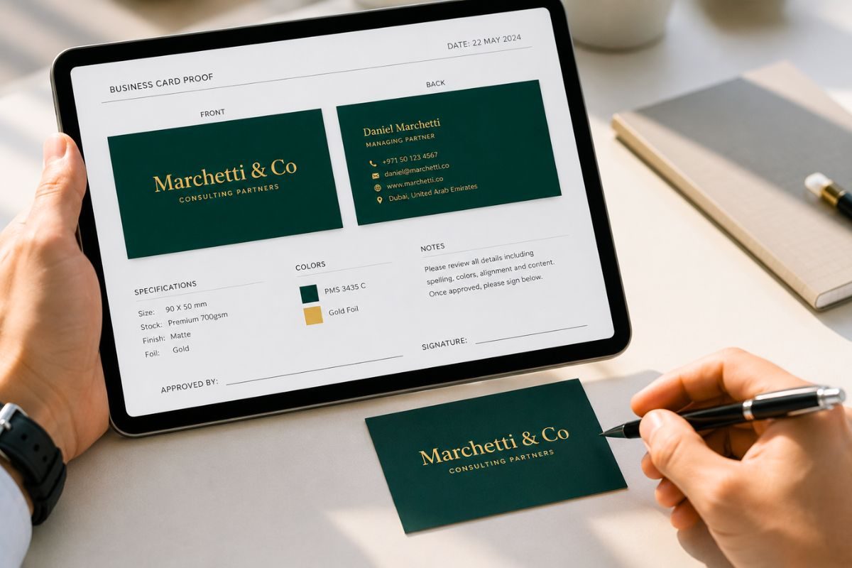 Hand reviewing a business card proof on a tablet before approval
