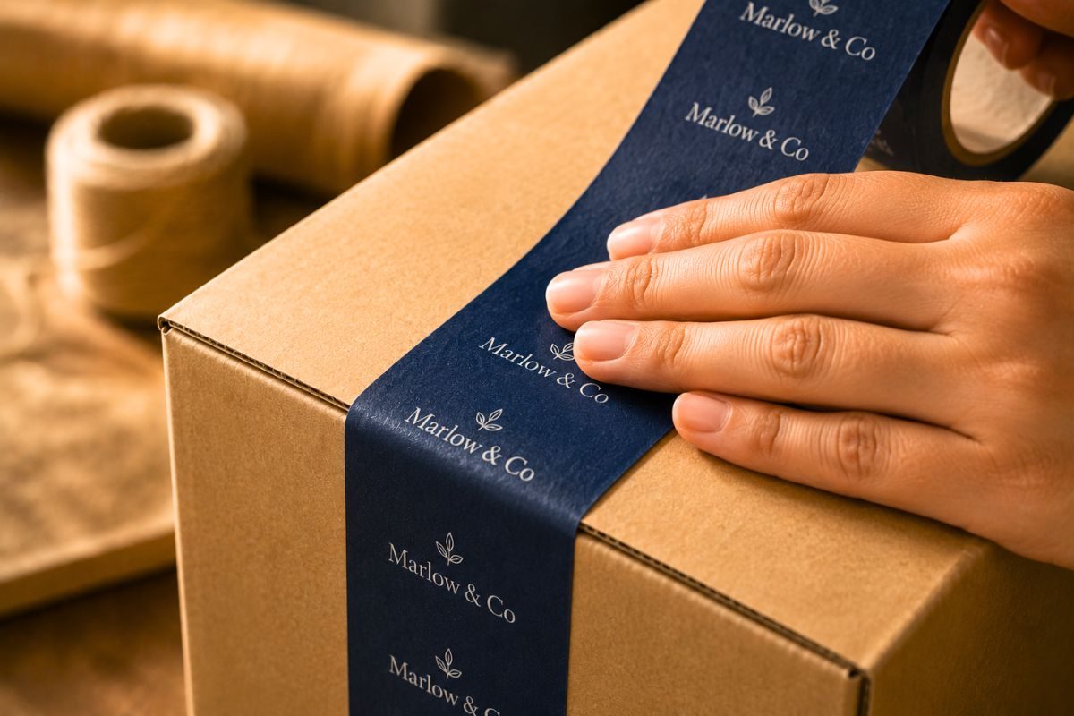 Hand sealing a kraft shipping box with branded packaging tape