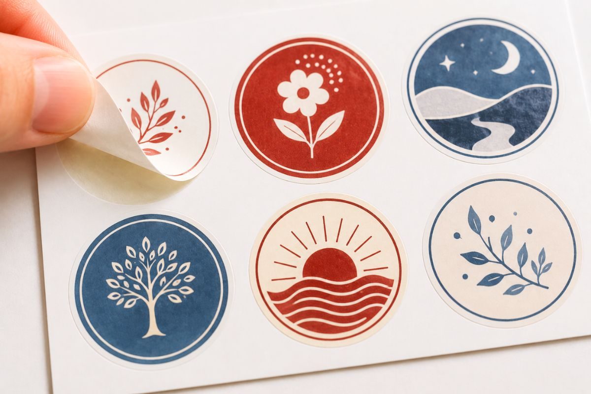 Kiss-cut sticker sheet with one design peeling from backing