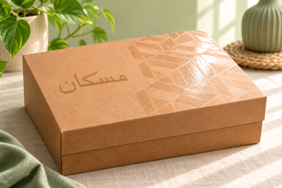 Kraft brown abaya box with embossed Arabic lettering on natural board
